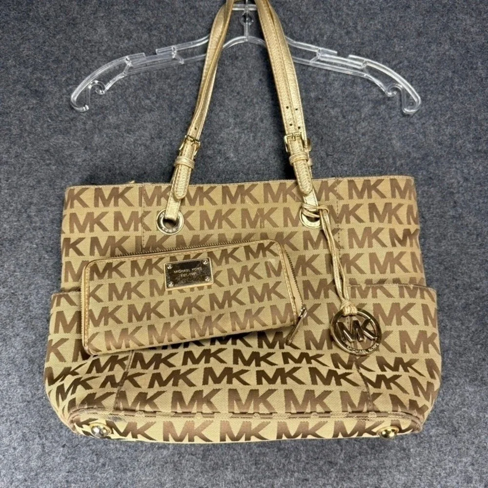 Michael Kors MK Logo Tote Bag & Wallet Set‎ Brown Beige Signature Purse